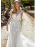 Long Sleeves Ivory Sequined Lace Chiffon Romantic Wedding Dress